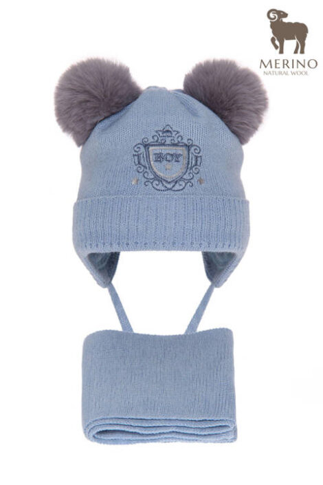Set de iarnă pentru băieți, căciulă și fular bleu cu 2 pompoane lână, model Topaz