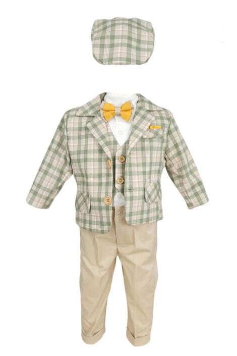 Costum botez, model Baby Boss, carouri verzi-crem