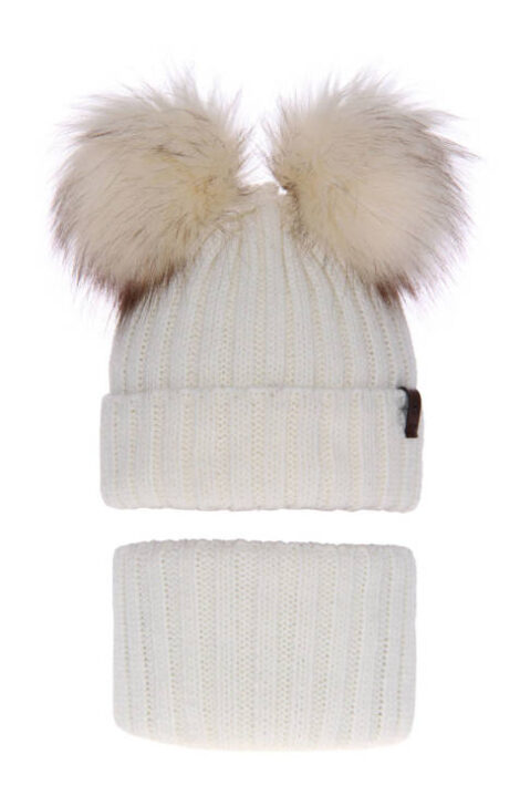 Set de iarna pentru fete caciula si fular circular alb cu 2 pompoane, model Donata