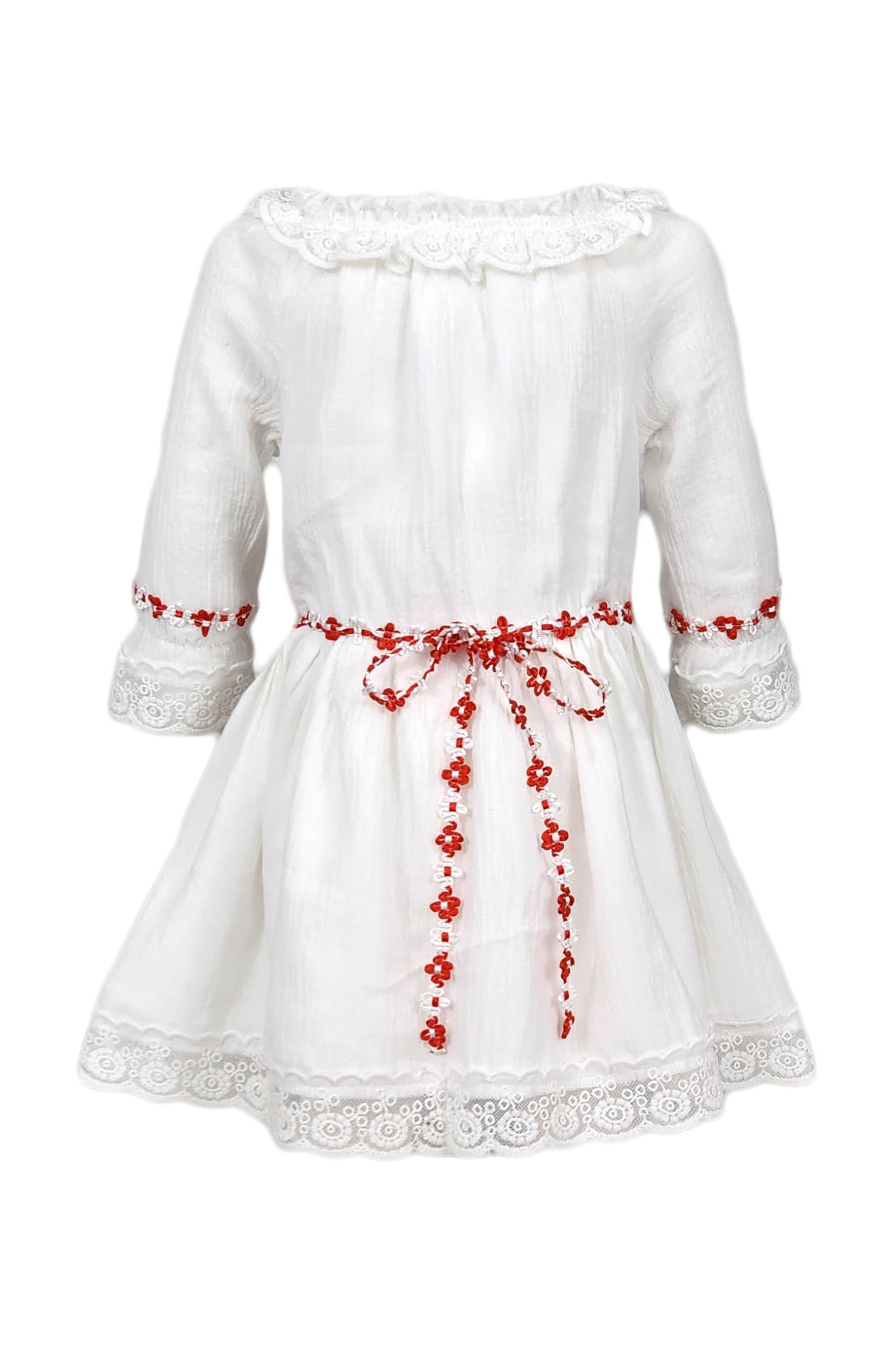 Rochie traditionala, model Ilinca, culoare alb-rosie